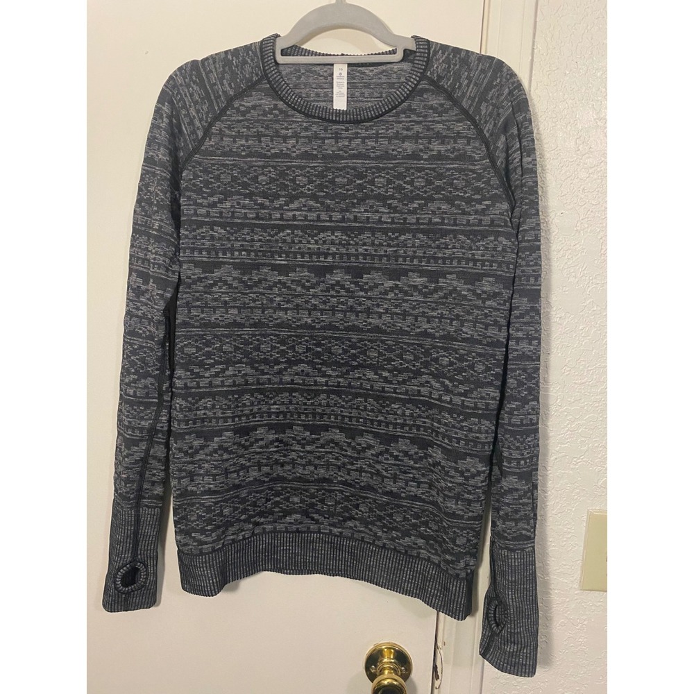 Lululemon Rest Less Pullover Black Grey Jacquard‎ Knit Long Sleeve Top Womens 10